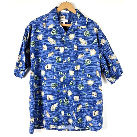 Pierre Cardin Hawaiian Shirt Mens Large Button Down Tropical Ocean Seashell Blue - Picture 1 of 4